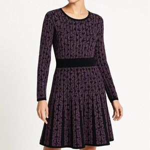 CALVIN KLEIN Dress Classic Aline Sheath Cotton Ribknit Faux Pleat Black/Purple M